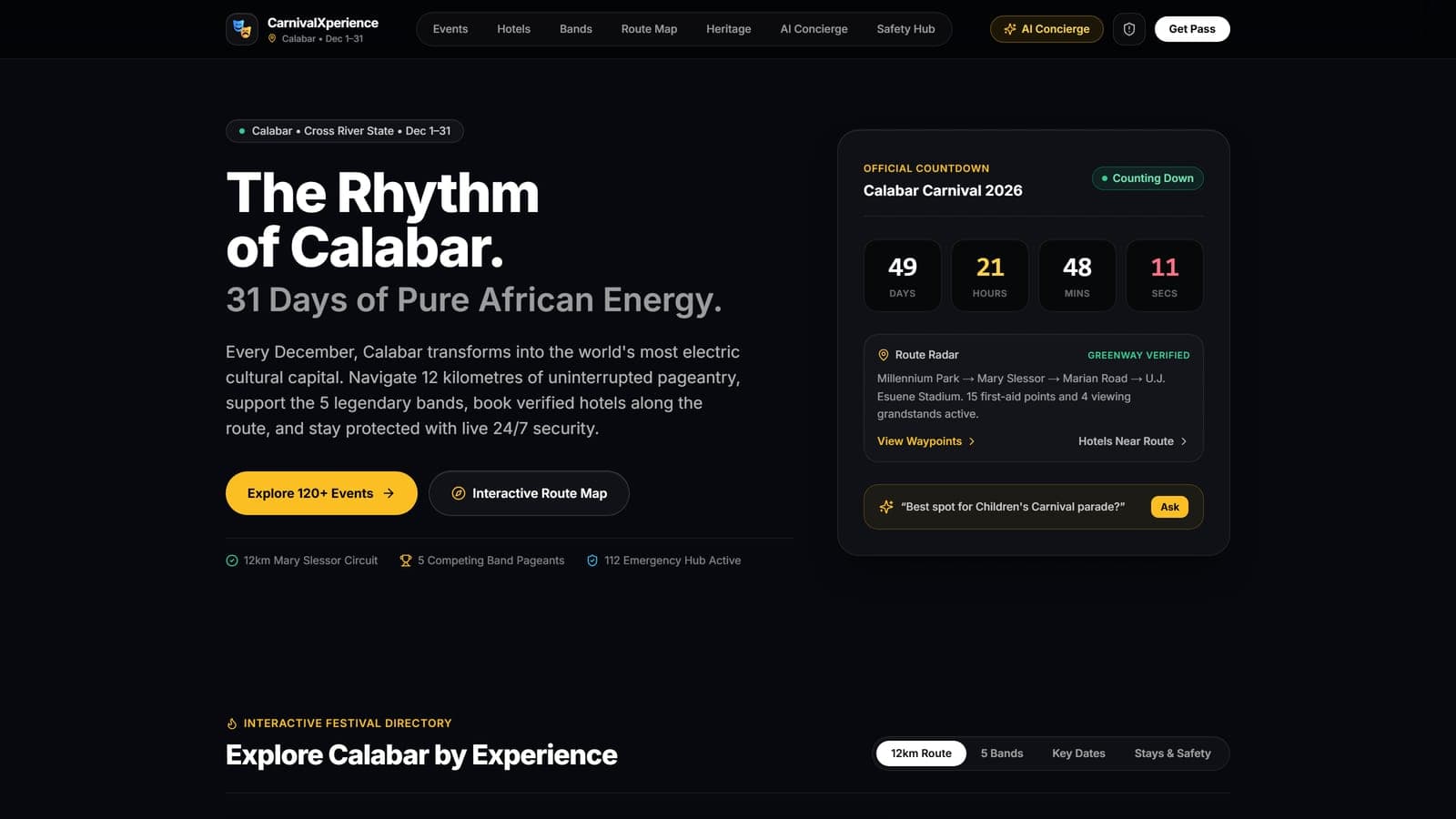 CarnivalXperience — A companion platform for the Calabar Carnival: events, stays, maps, and a safety layer for the crowd.