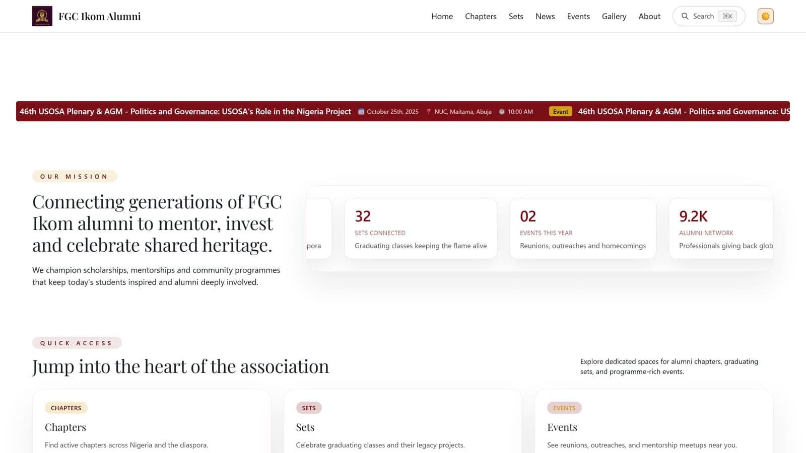 FGC Ikom Alumni Association — The full institutional website for my secondary school’s alumni association. Twenty-plus sections, an admin area, and donations.