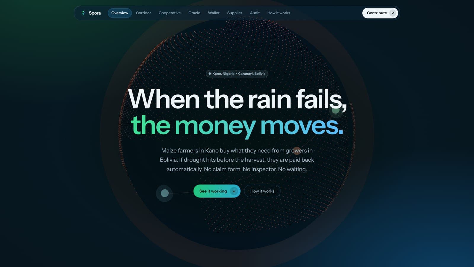 Spora — Parametric climate escrow. If the rain fails, the money moves automatically: no claim form, no inspector, no waiting.