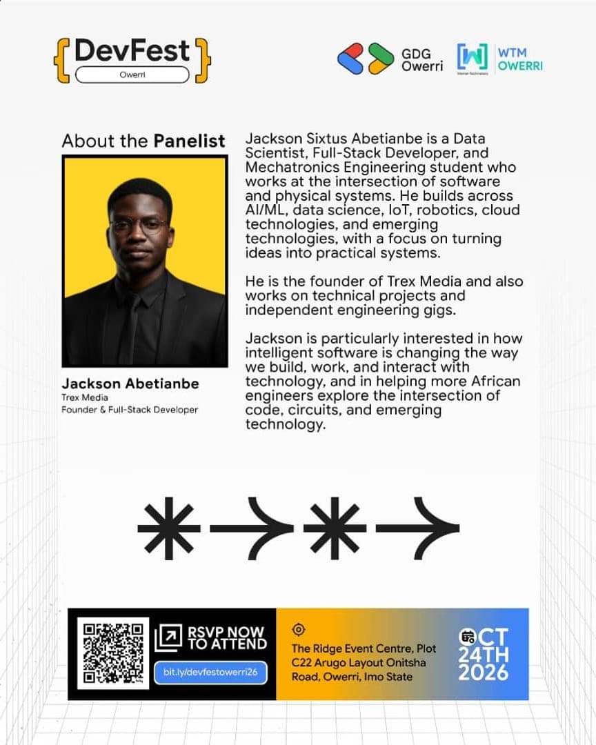 DevFest Owerri poster with the About the Panelist biography for Jackson Sixtus Abetianbe