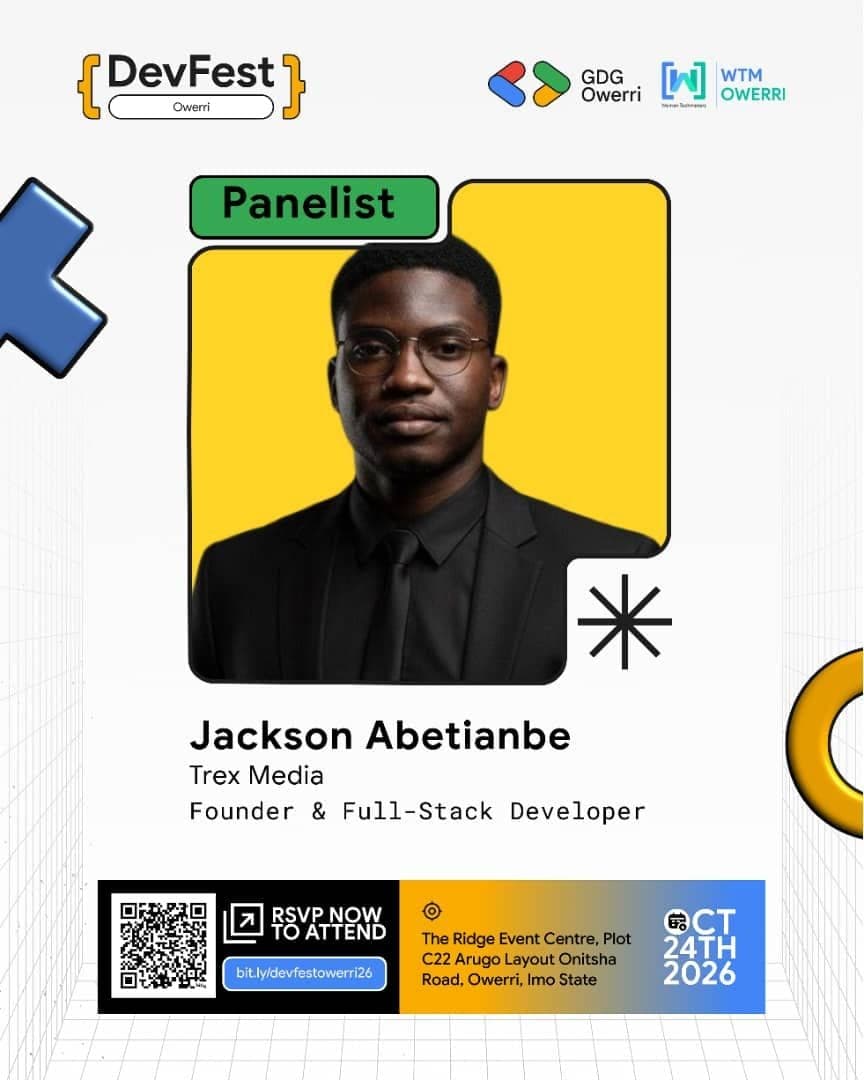 DevFest Owerri poster naming Jackson Abetianbe, Trex Media, as a panelist